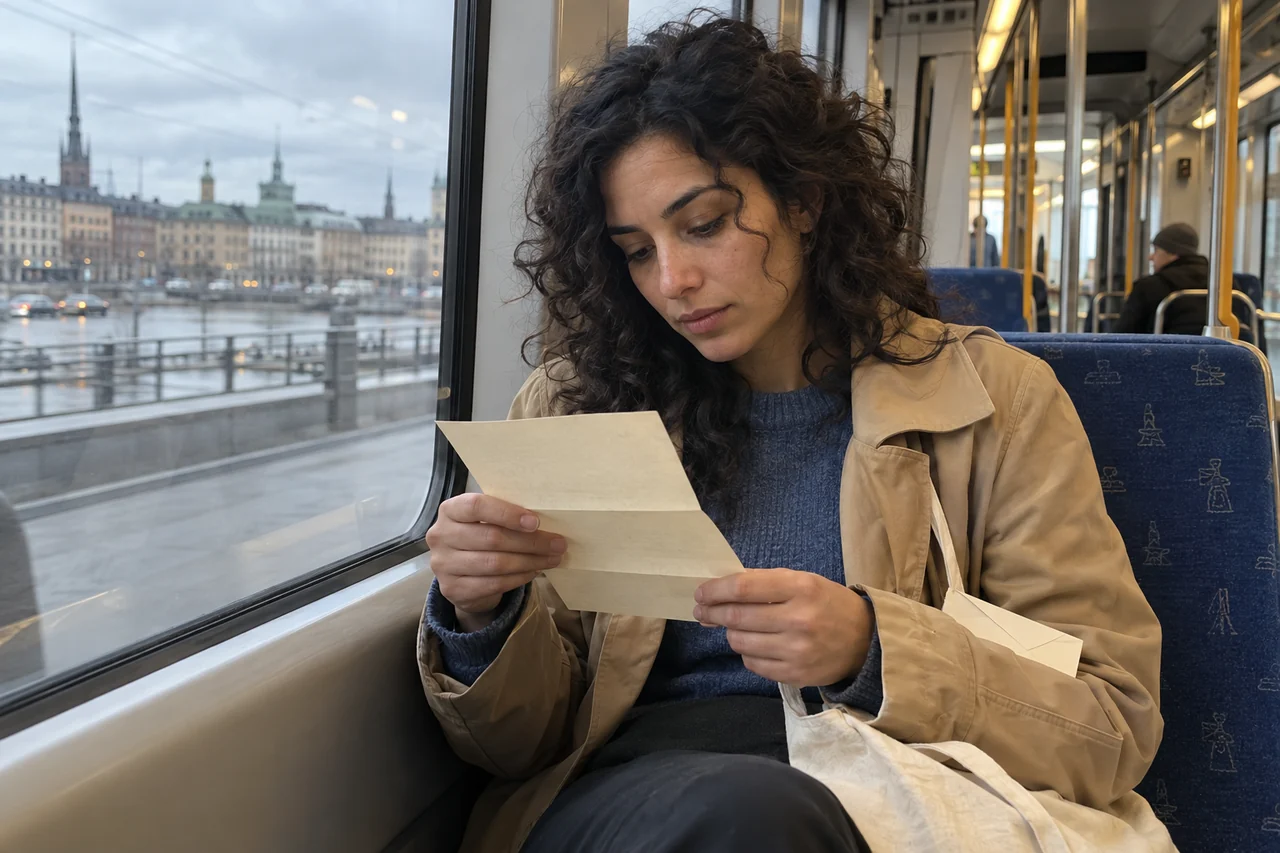 En kvinna läser ett vikt brev vid fönstret under en spårvagnsresa