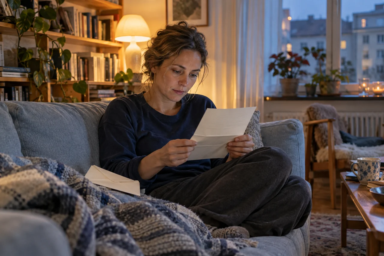 En kvinna uppkrupen i en blå soffa, helt upptagen av brevet i sina händer